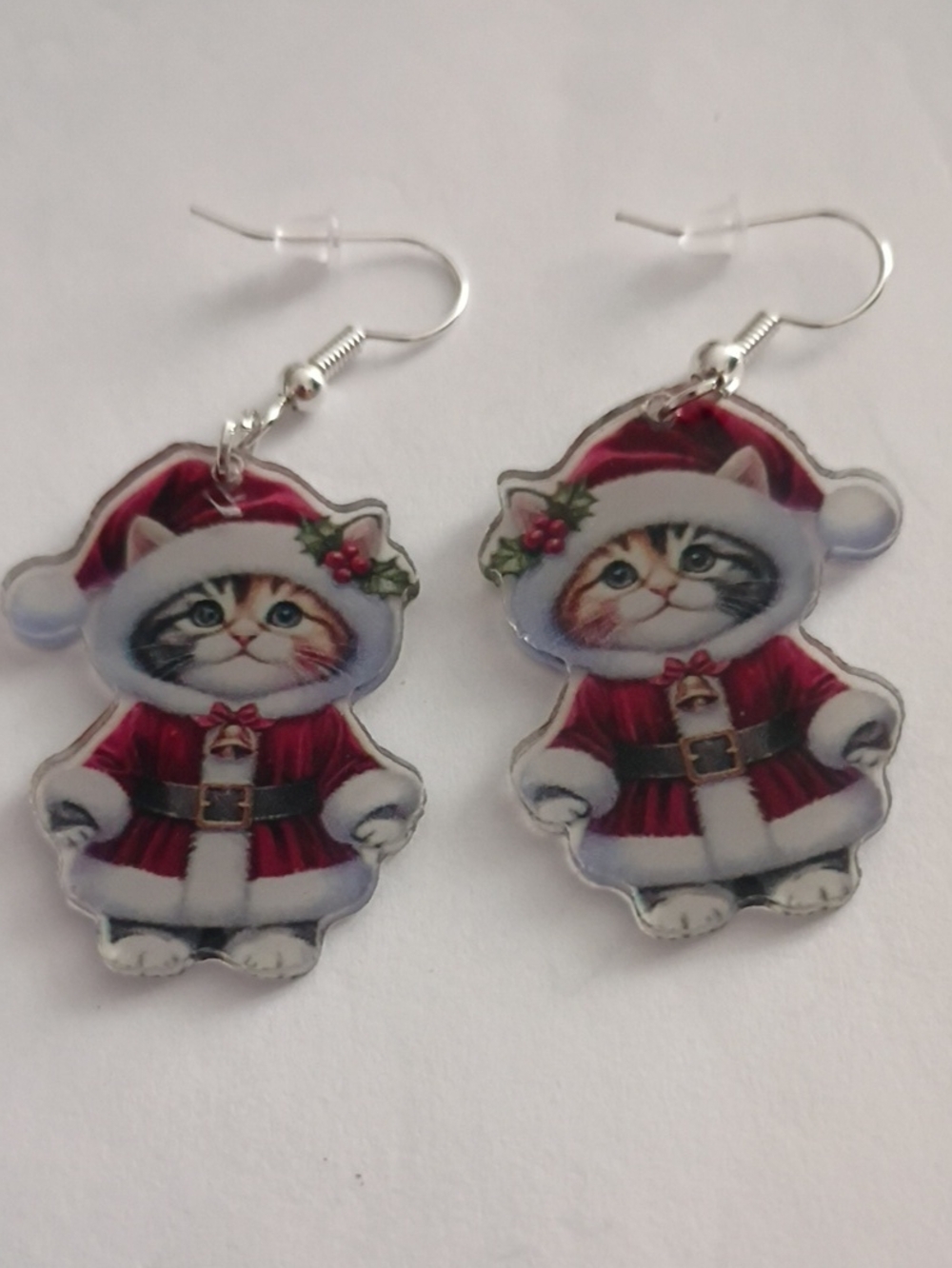Preseason Sale Festive Cat Dangle Earrings - Red and White Holiday Kitty